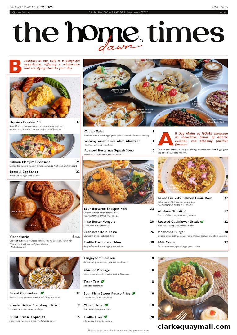 A menu from Home Dawn Cafe featuring various breakfast, mains, and sides with descriptions and prices.