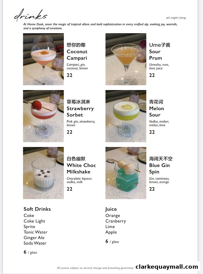 A menu featuring various cocktails and soft drinks with images and prices.