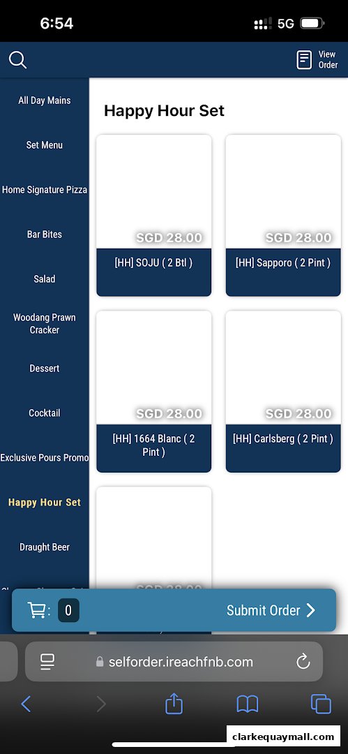A mobile screen displaying a happy hour set menu with drink options and prices.
