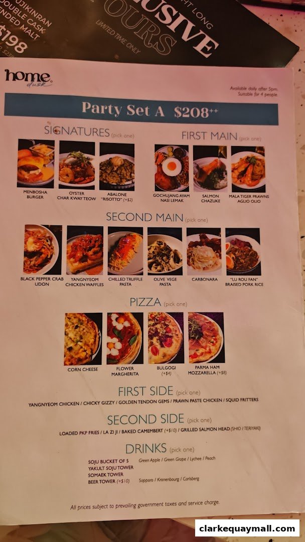 A menu for 'Party Set A' at Home Dusk Live House, featuring various food and drink options.