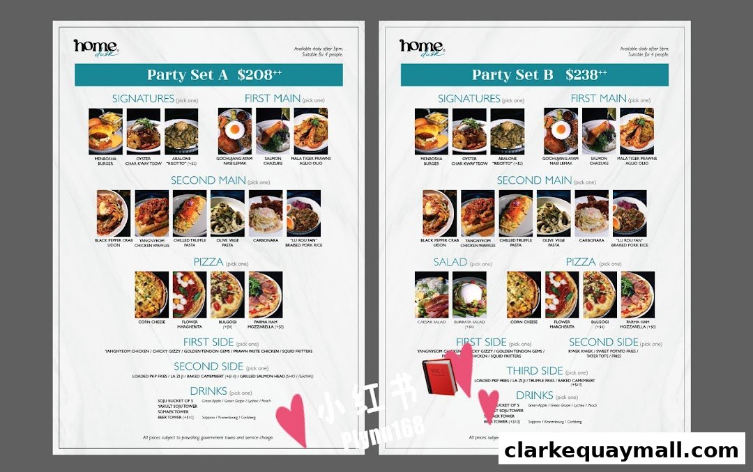 A menu showcasing two party sets with various food and drink options.