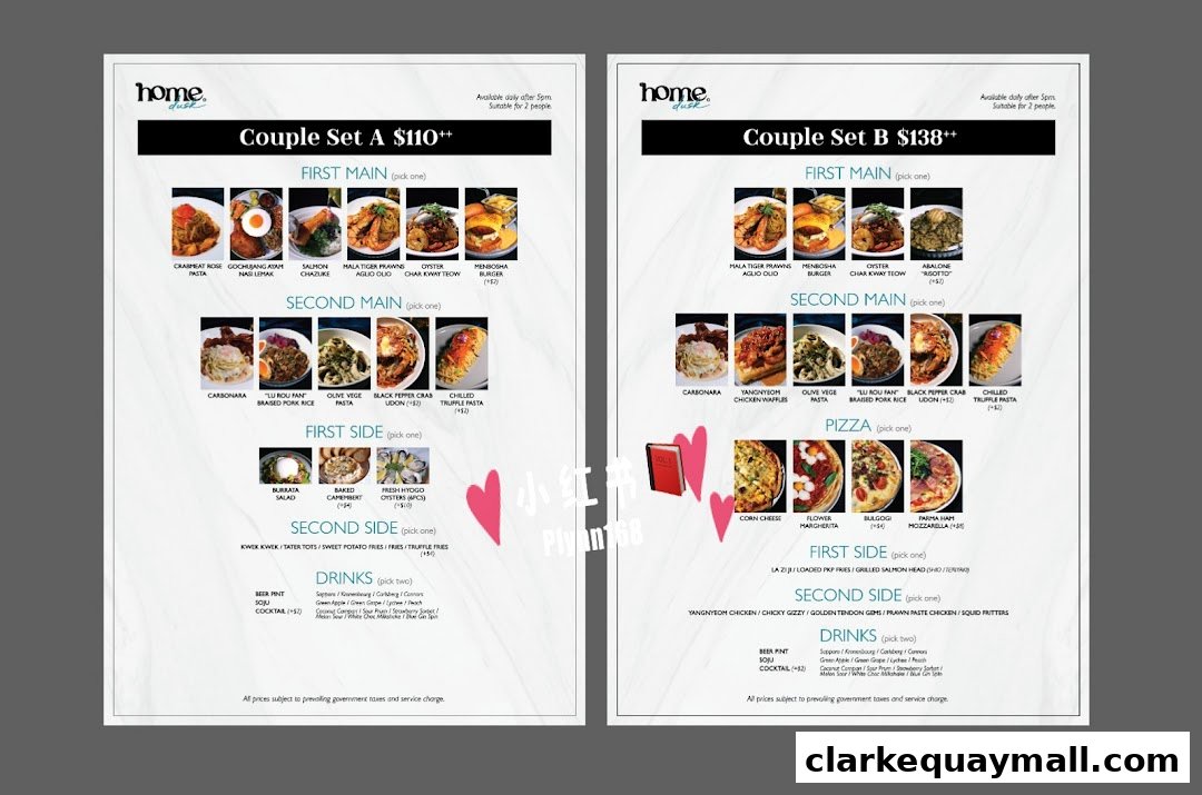 A menu showcasing couple set meals with various main courses, sides, pizzas, and drinks.