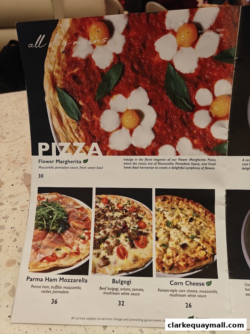 A menu featuring pizzas, including Flower Margherita, Parma Ham Mozzarella, Bulgogi, and Corn Cheese.