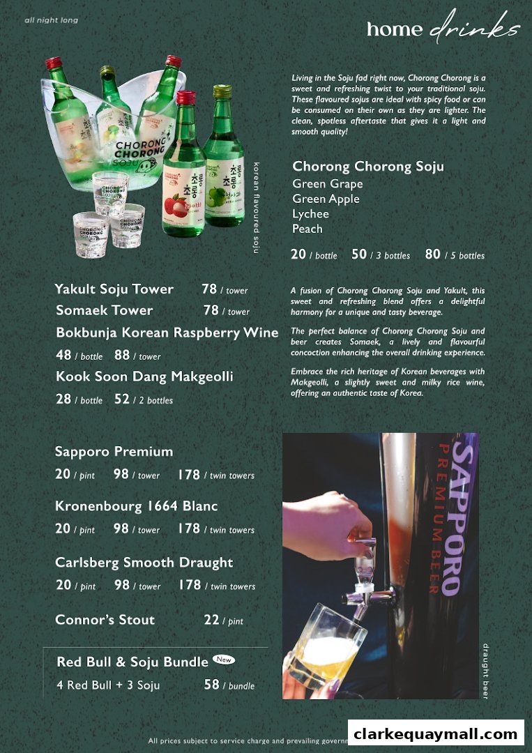 A menu featuring various soju, wine, beer, and bundles with prices.