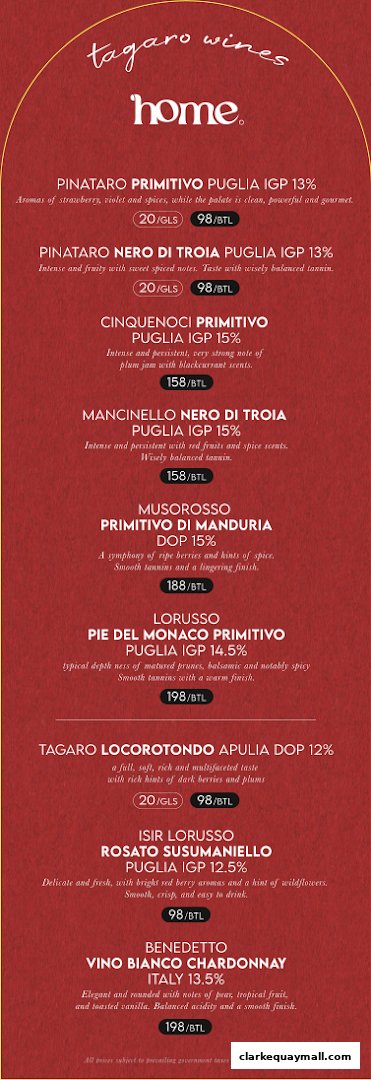A wine menu featuring Italian wines with descriptions and prices.