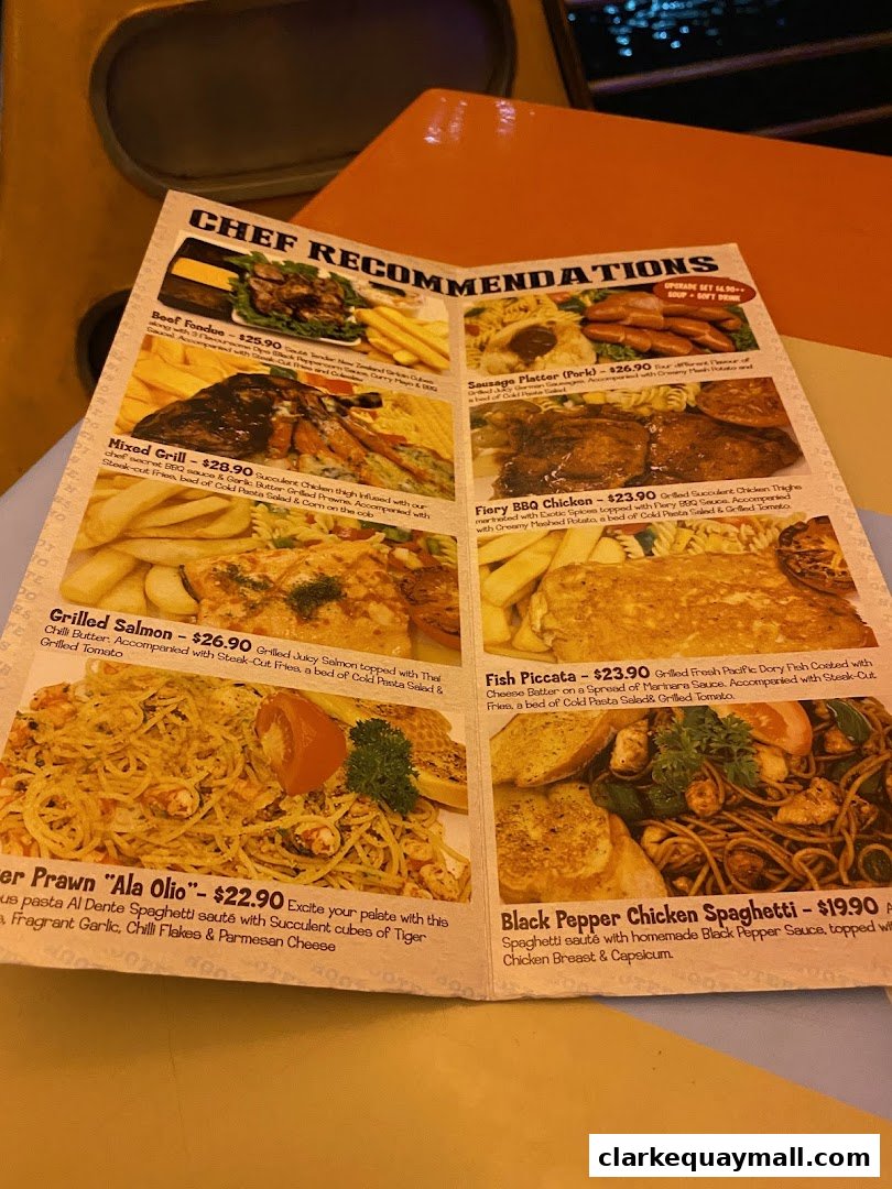 A menu featuring chef recommendations with various dishes and prices.