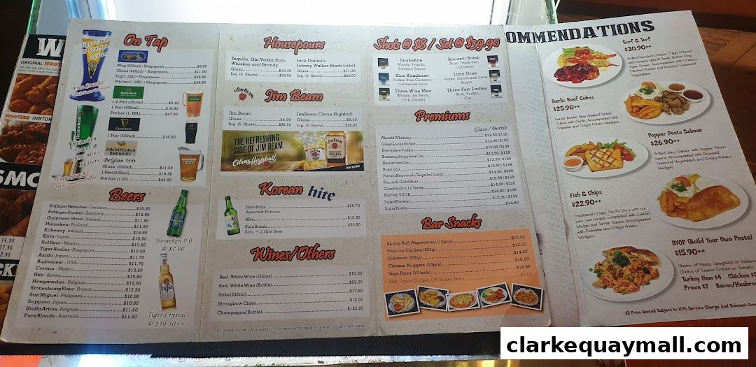 A menu from Hooters featuring drinks, bar snacks, and main courses with prices.