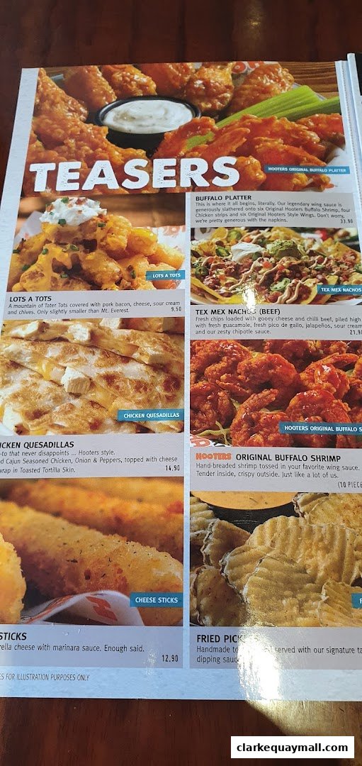 A Hooters menu featuring various appetizers like buffalo wings, tater tots, quesadillas, nachos, and fried pickles.