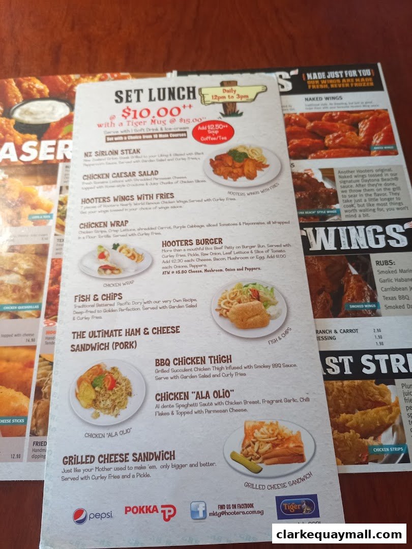 A Hooters menu featuring set lunches, wings, burgers, and other dishes with prices.
