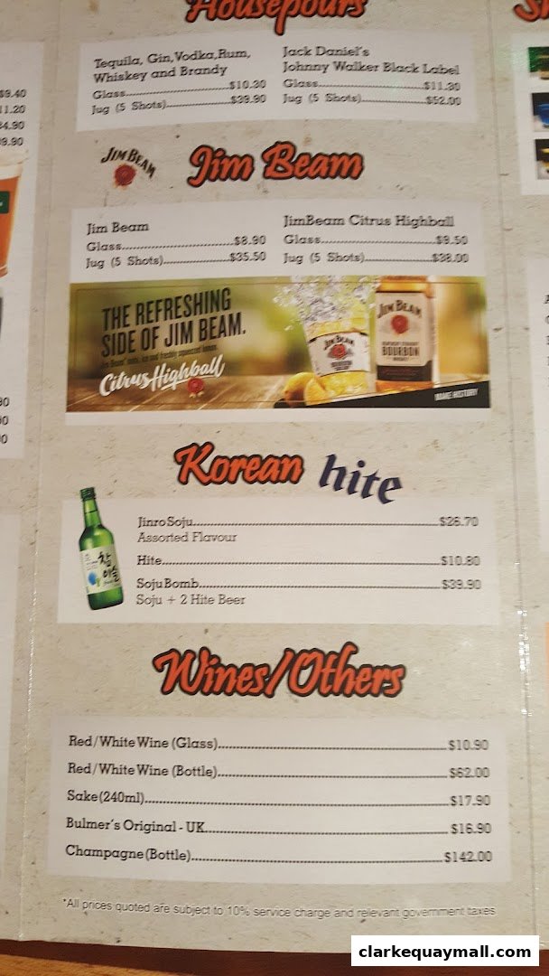 A menu featuring drinks like Jim Beam, Korean Hite, and various wines and spirits.