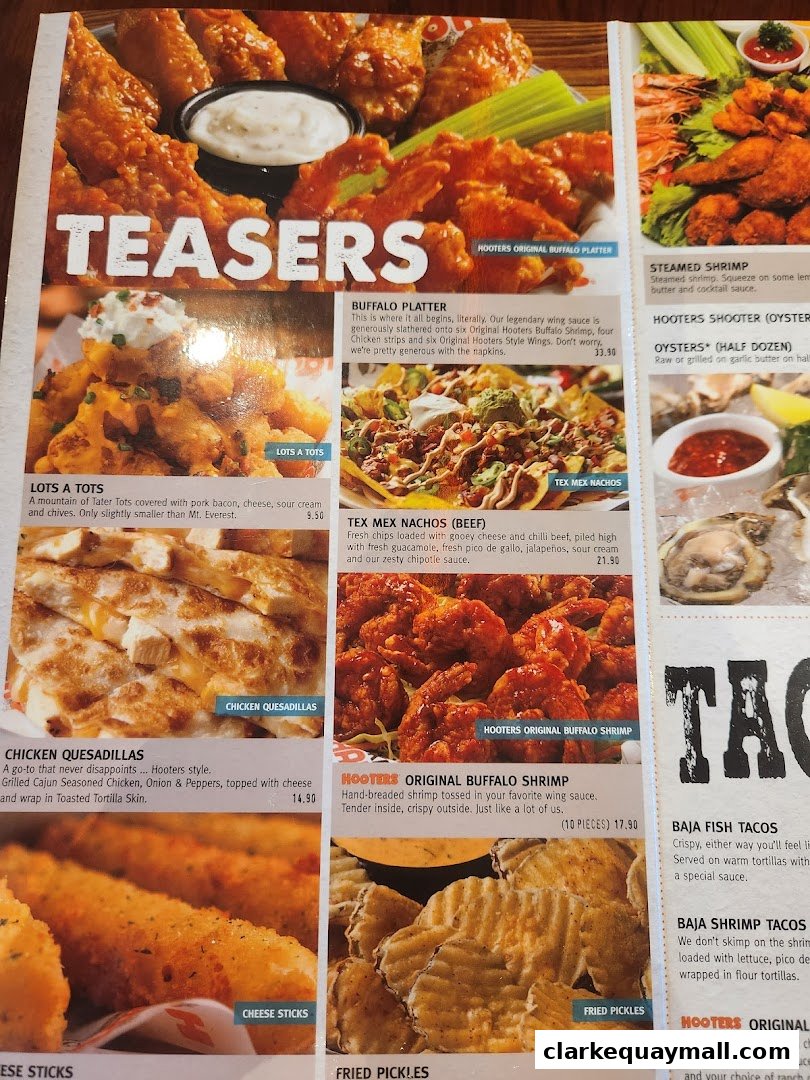 A menu page from Hooters featuring various appetizers and seafood dishes.