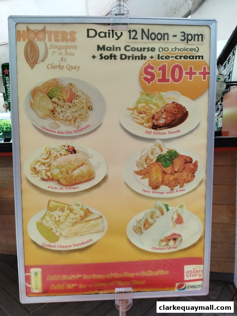 A Hooters menu board showcasing lunch specials with food items and prices.