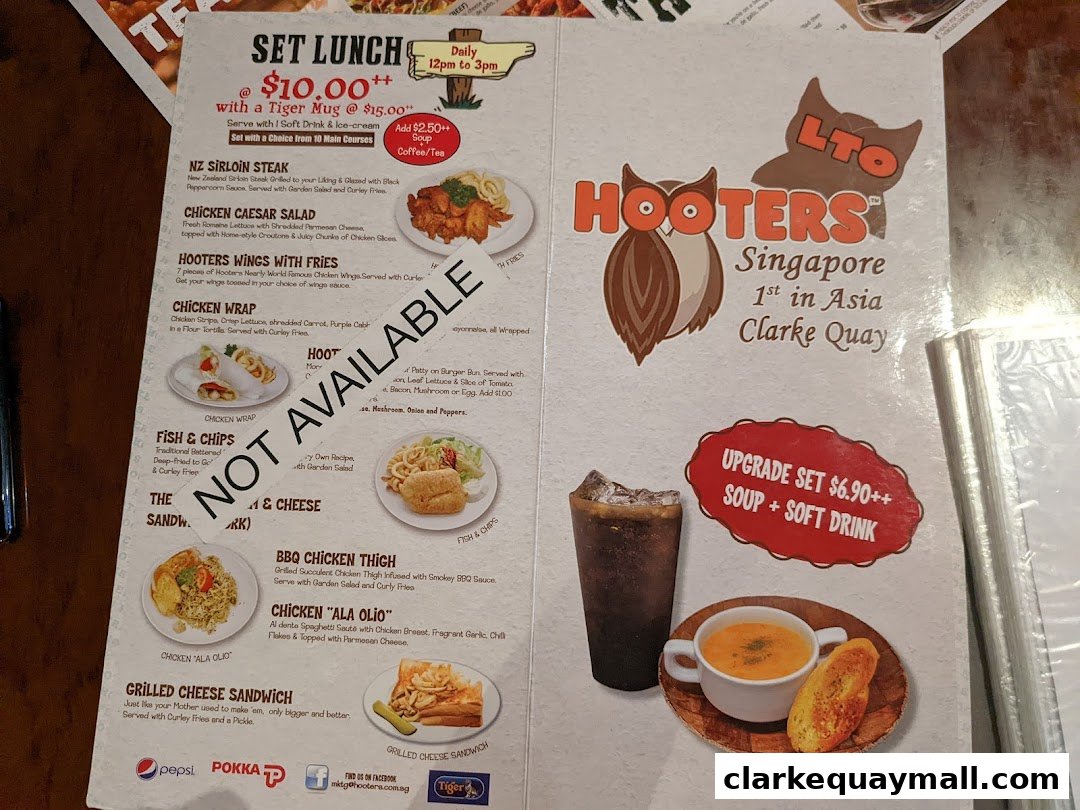 A Hooters Singapore menu featuring set lunch options, main courses, and drinks.