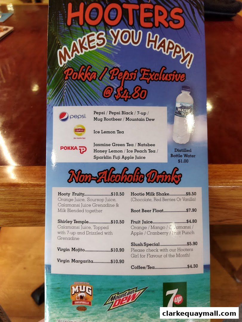 A Hooters menu featuring non-alcoholic drinks and beverage options with prices.