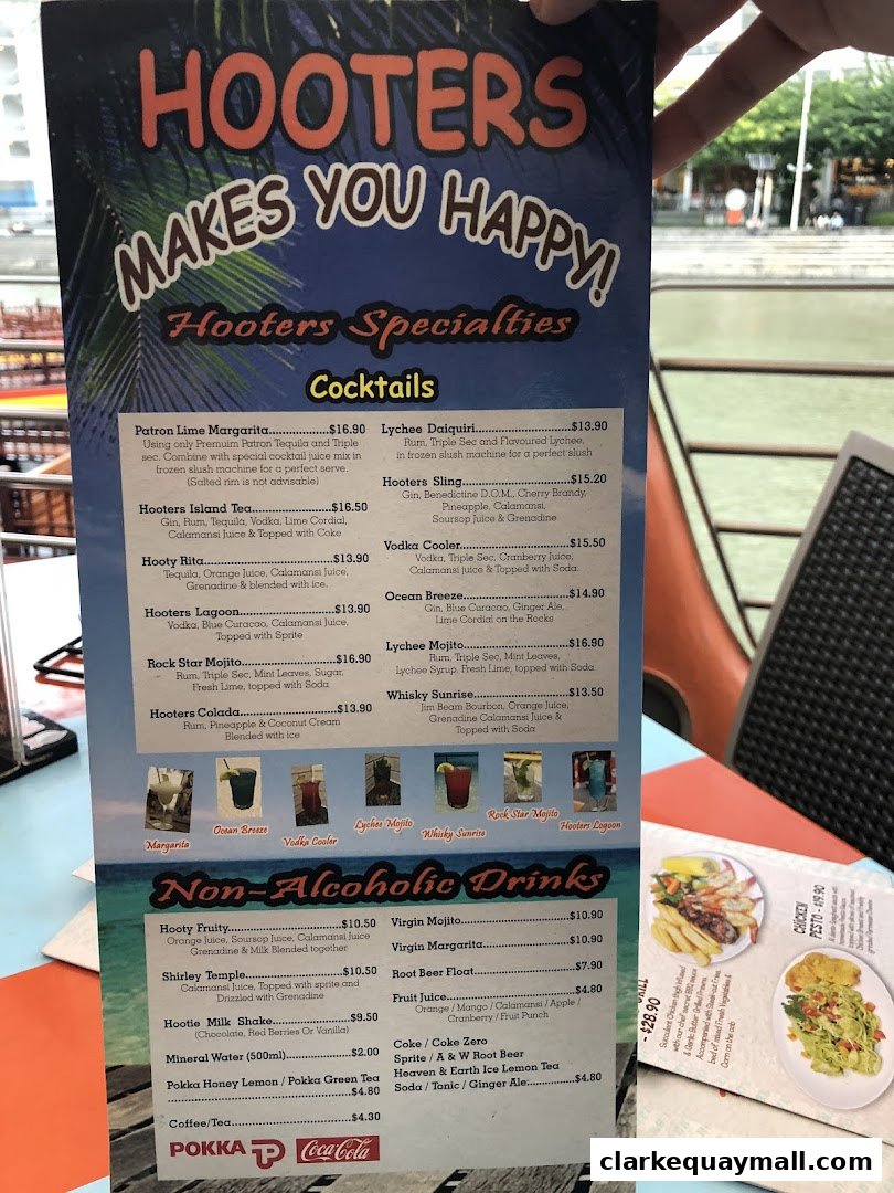 A Hooters menu featuring cocktails and non-alcoholic drinks with prices and descriptions.