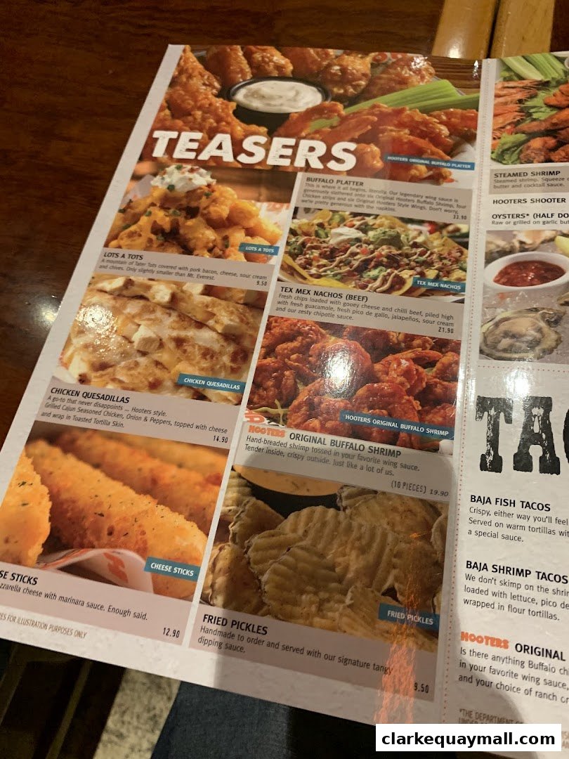 A Hooters menu featuring various appetizers like wings, nachos, and cheese sticks.