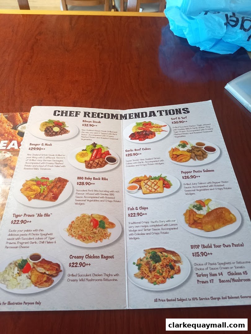 A menu from Hooters featuring chef's recommendations and pasta options.
