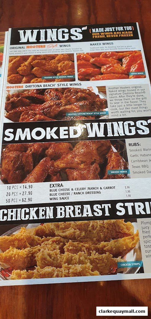 A menu page from Hooters showcasing various styles of wings and chicken breast strips.