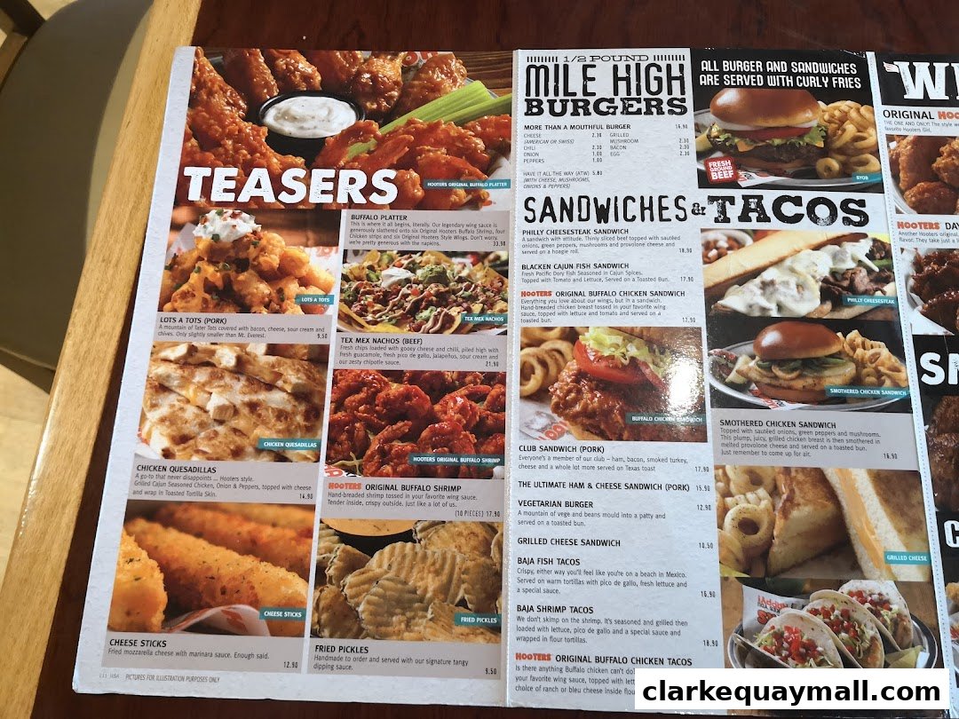 A Hooters menu featuring appetizers, burgers, sandwiches, and tacos with enticing food photography.