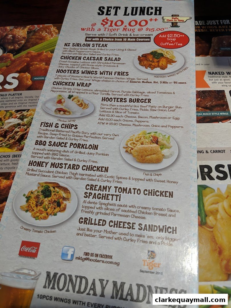 A Hooters menu featuring set lunch options, various chicken dishes, and sandwiches.