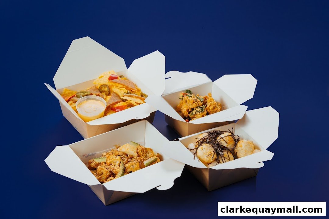 Four open takeout boxes filled with various appetizing snacks and dishes on a blue background.
