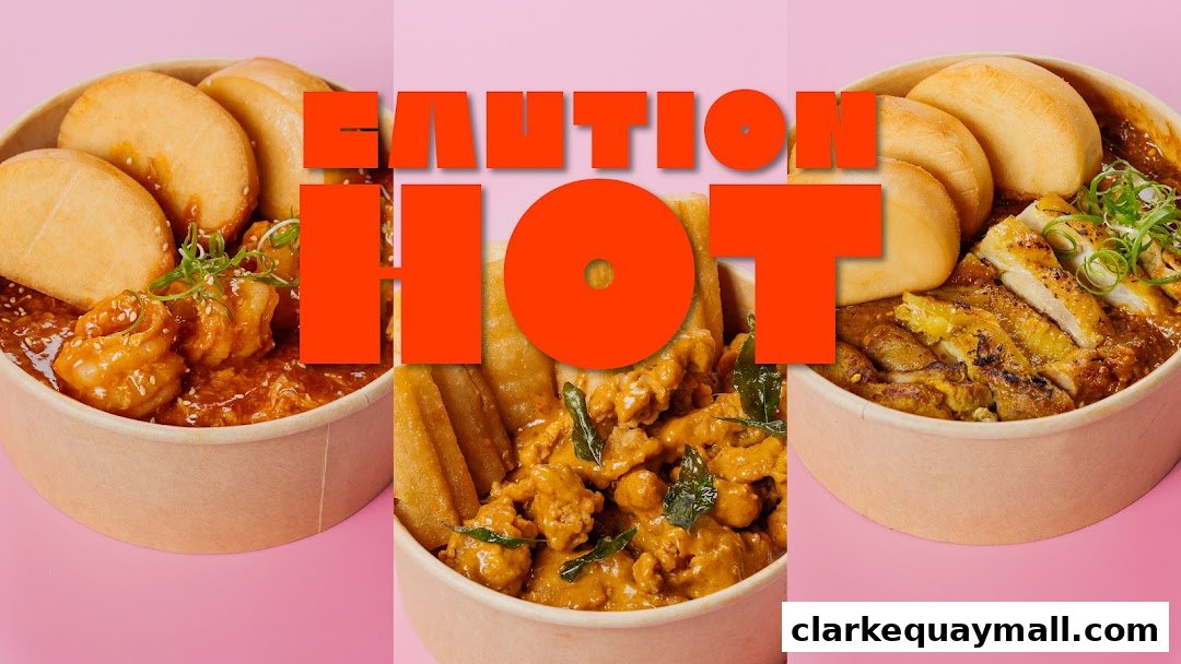 Three bowls of food with buns and meat dishes, with orange text overlay.