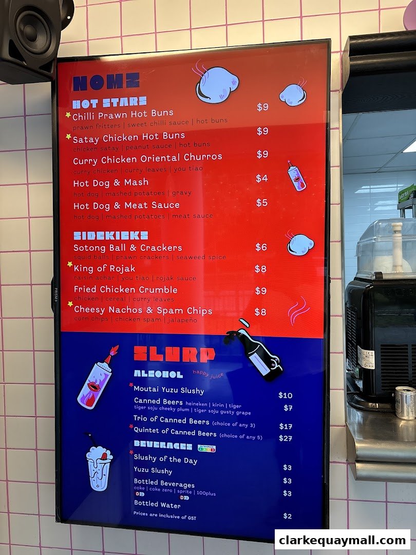 A digital menu board displaying various hot buns, sidekicks, drinks, and canned beers.