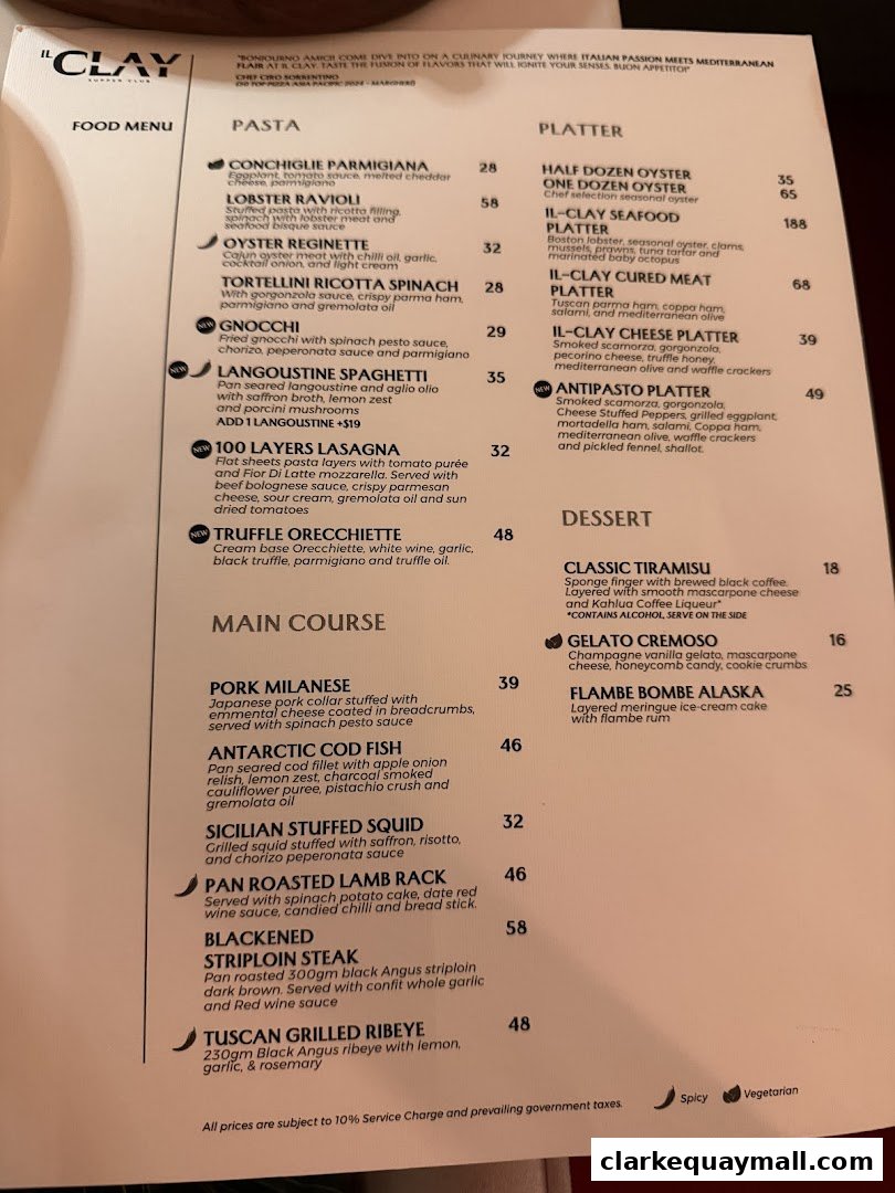 A menu from IL CLAY Clarke Quay featuring pasta, platters, main courses, and desserts.