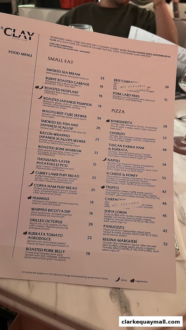 A menu from IL CLAY restaurant featuring Italian and Mediterranean dishes.