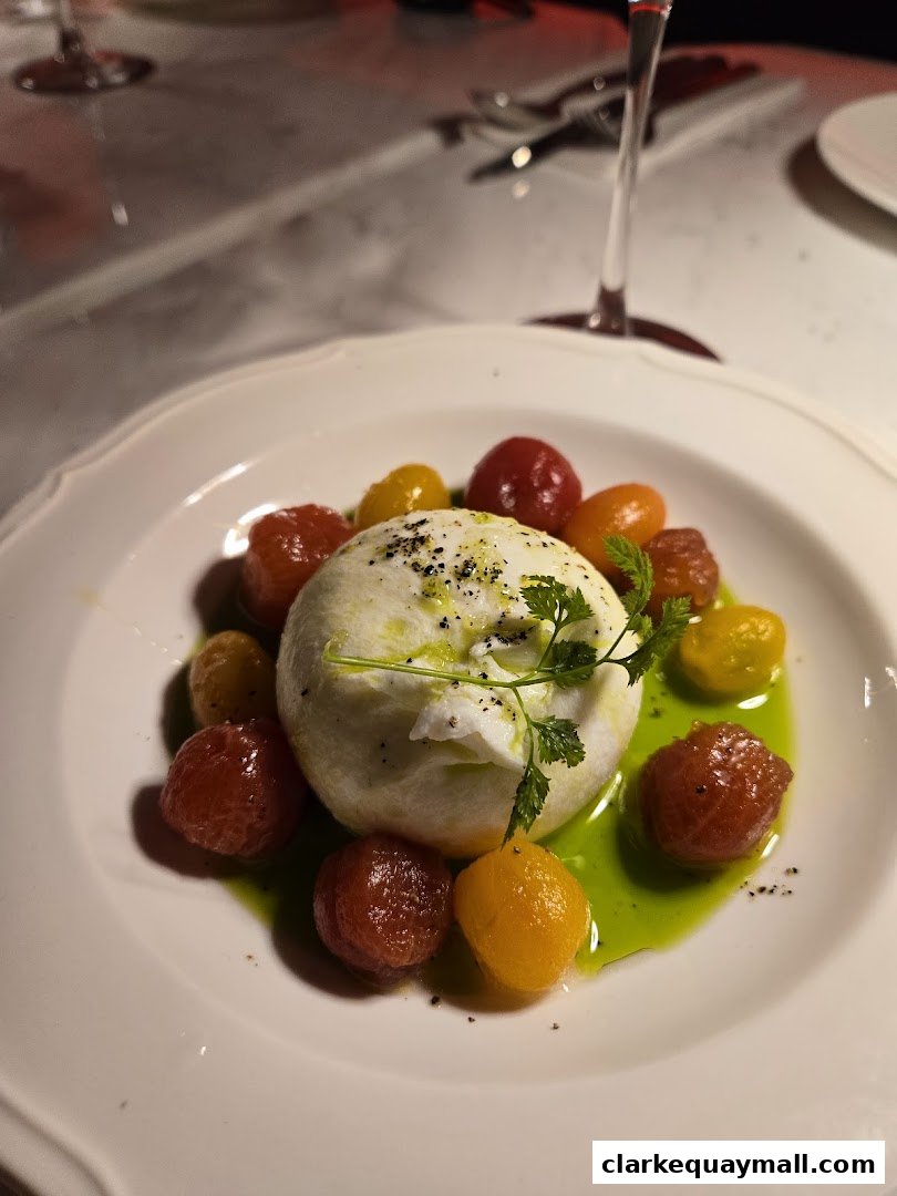 A close-up of burrata cheese with cherry tomatoes and a green sauce on a white plate.