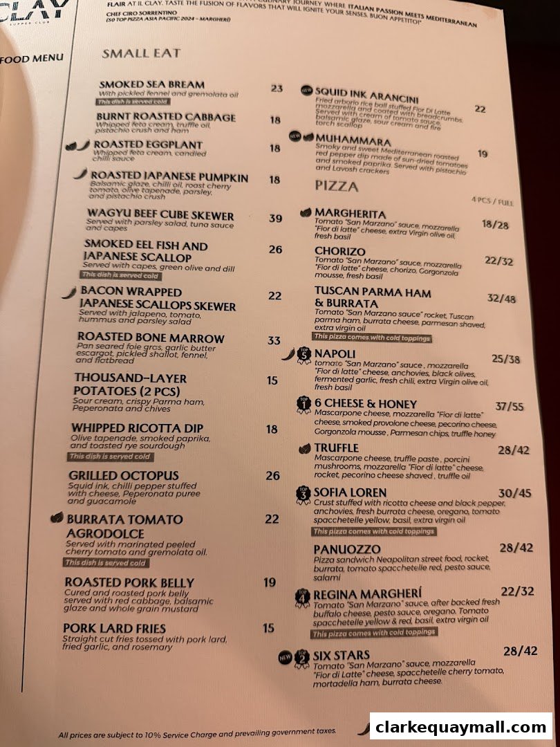 A menu from IL CLAY Clarke Quay featuring Small Eats and Pizzas with prices.