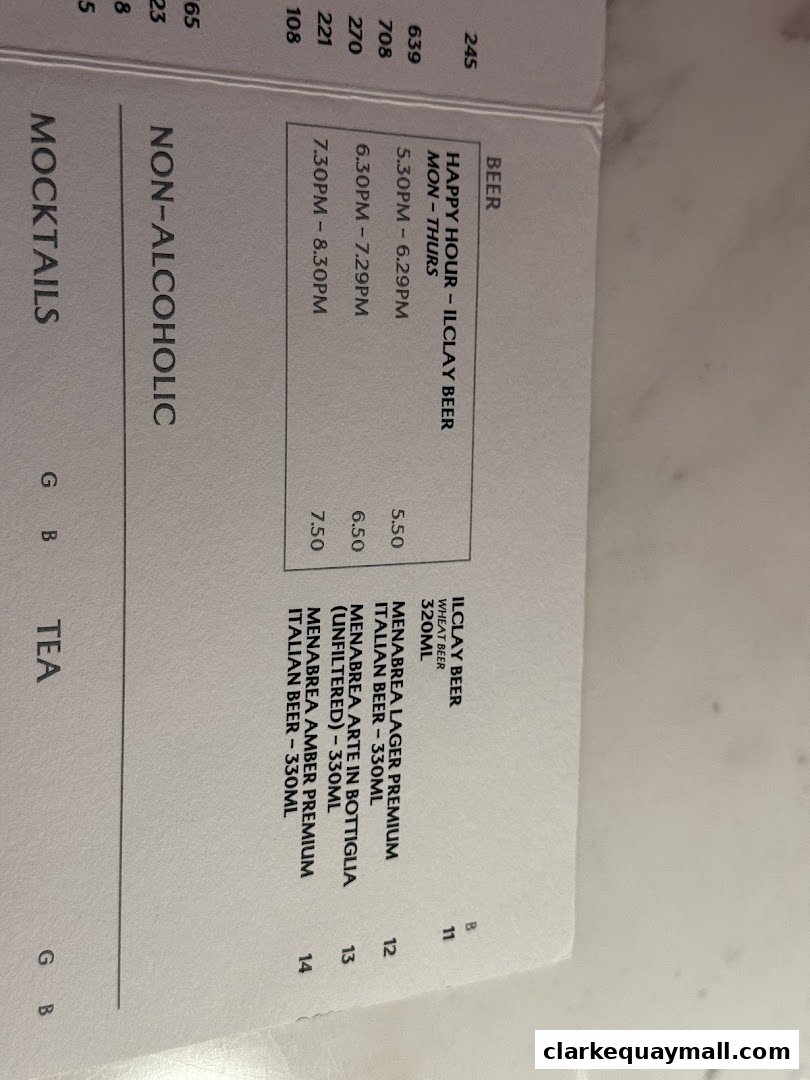 A menu from IL CLAY Clarke Quay featuring beers and non-alcoholic drinks.