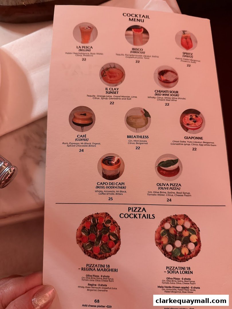 A menu featuring cocktails and pizza cocktails with accompanying images.