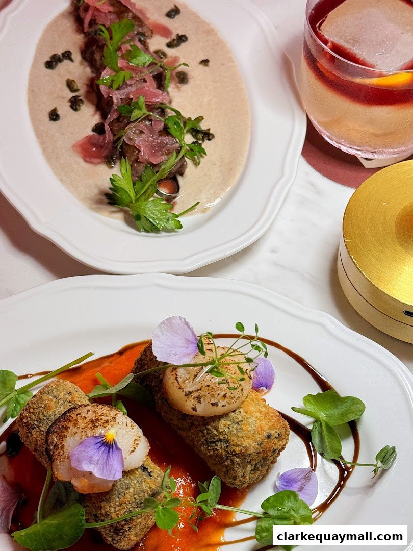 Gourmet dishes featuring scallops and fried items, artfully presented with edible flowers and sauces.