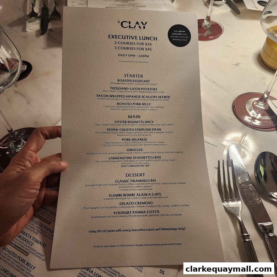 A menu for IL CLAY Clarke Quay's Executive Lunch with starter, main, and dessert options.
