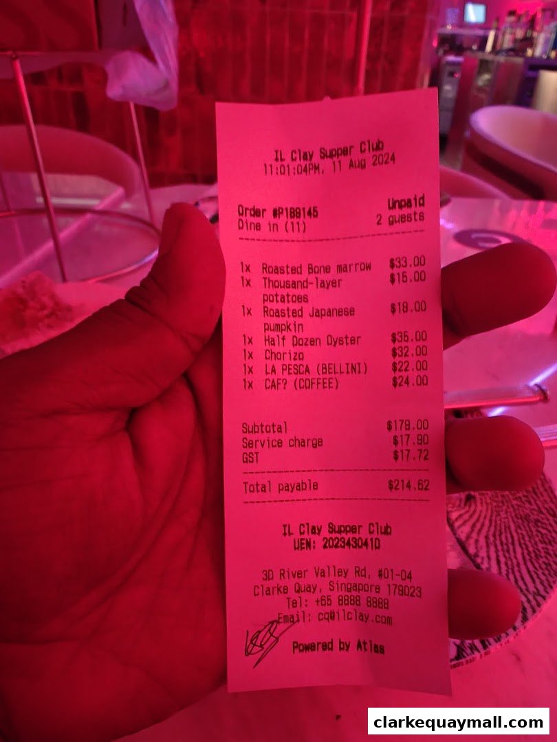 A receipt from IL Clay Supper Club showing a list of food and drinks ordered.