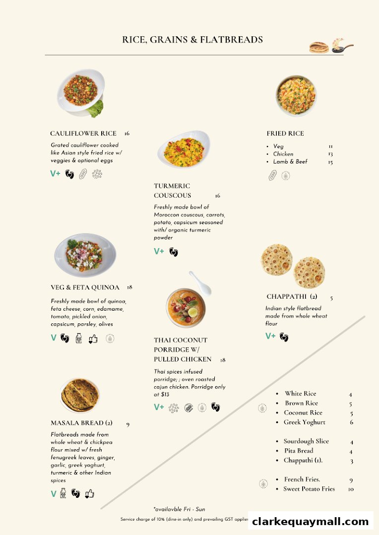 A menu showcasing rice, grains, and flatbreads with vibrant food photography.