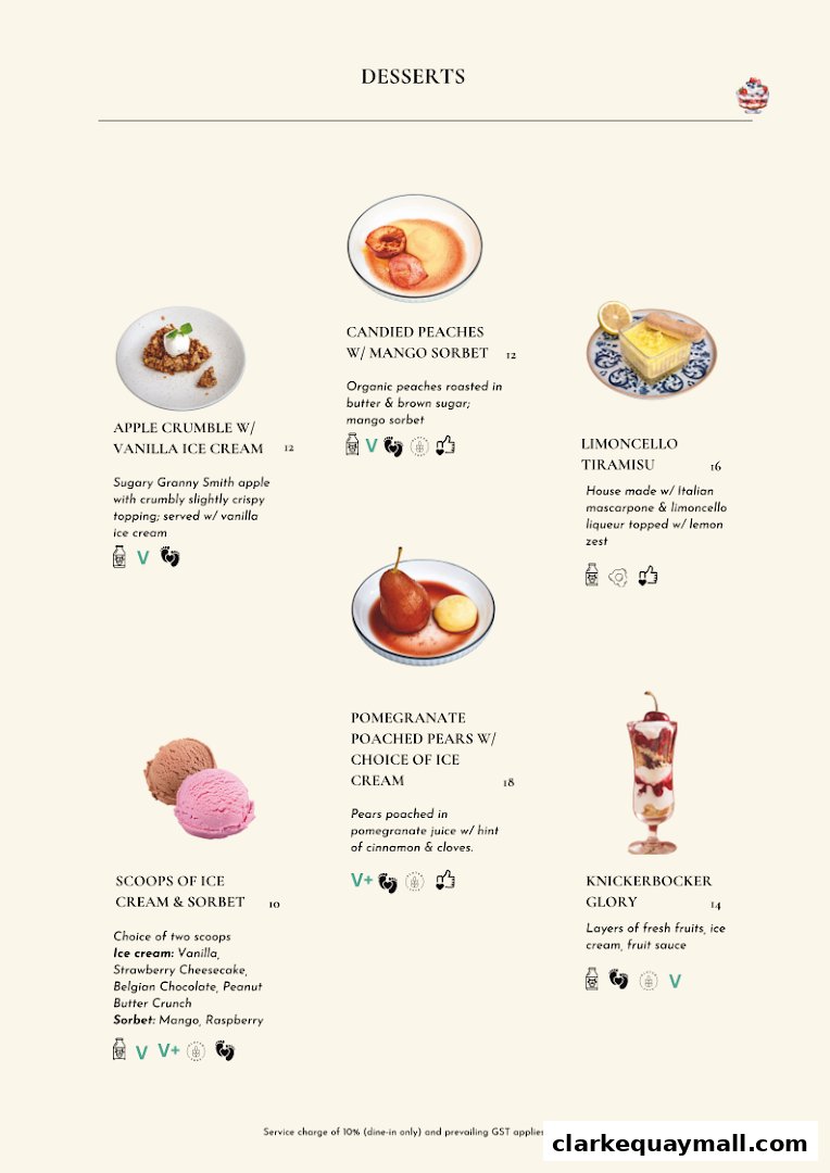 A menu page showcasing various dessert options with descriptions and prices.