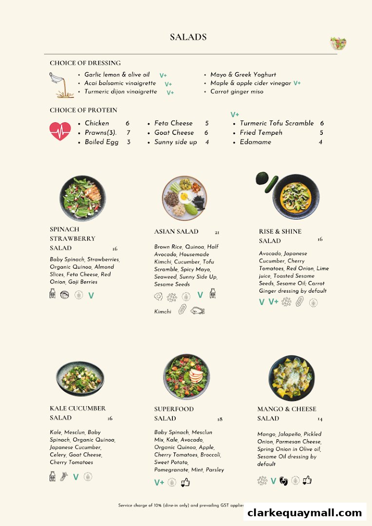 A menu page showcasing various salad options with ingredients and prices.