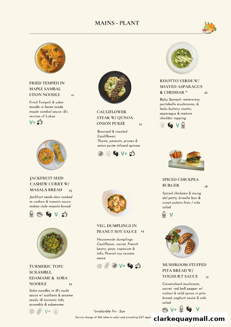 A menu page showcasing plant-based main courses with descriptions and prices.