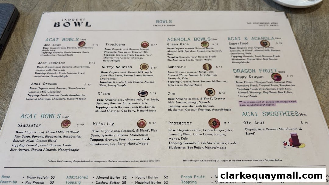 A menu from iNCREDi BOWL featuring various acai and acerola bowls, smoothies, and toppings.