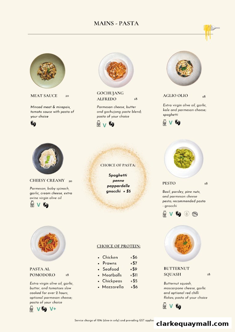 A menu showcasing various pasta dishes with descriptions and prices.