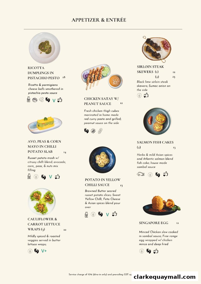 A menu page featuring appetizers and entrees with descriptions and prices.