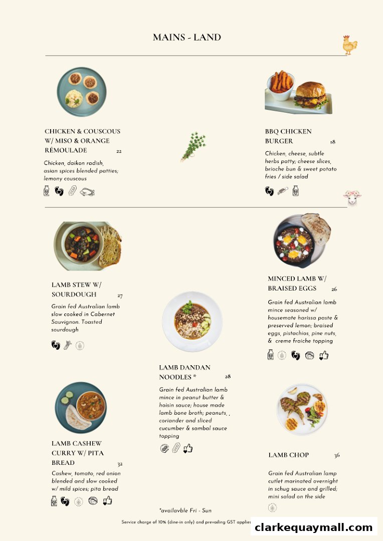 A menu page featuring various main courses with descriptions and prices.