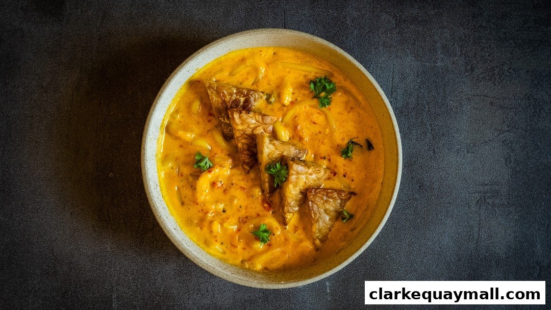 A close-up overhead shot of a creamy, orange-colored dish with tempeh and parsley.