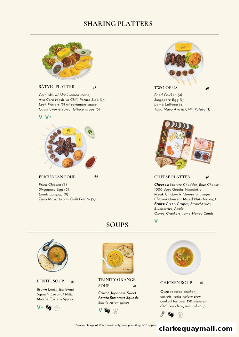A menu featuring sharing platters and soups with detailed descriptions and prices.