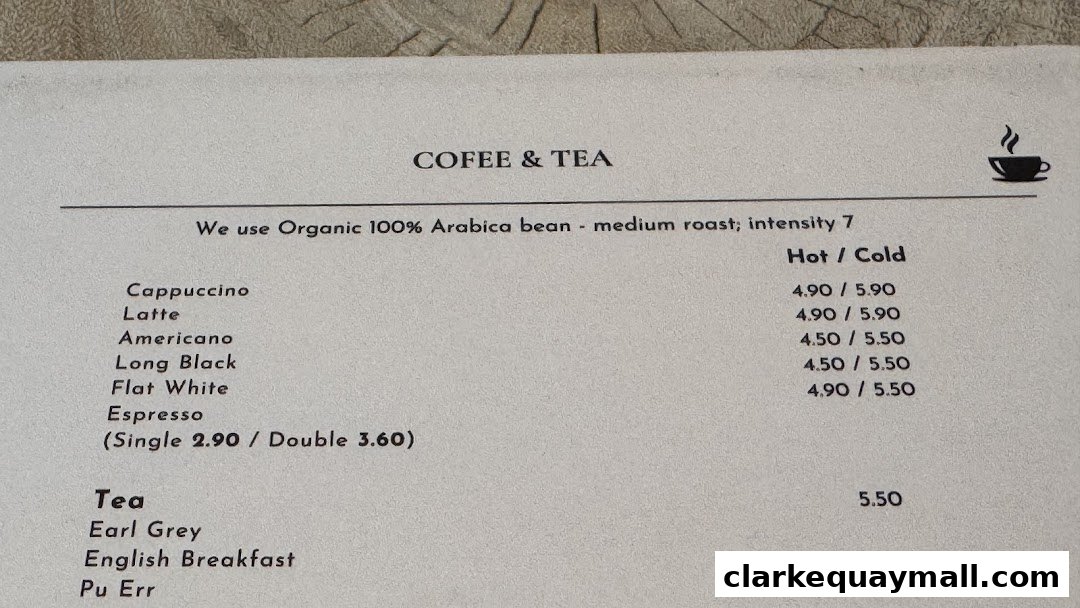 A menu section displaying coffee and tea options with prices.