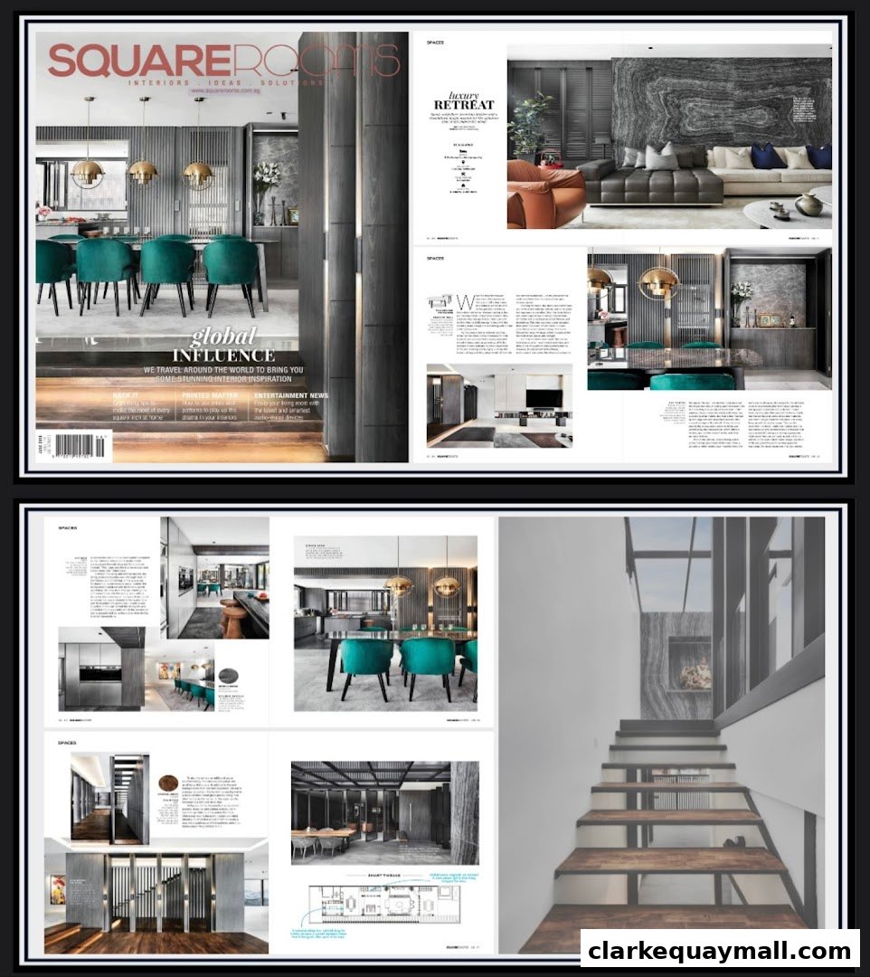 A magazine spread showcasing interior design inspiration with luxury retreats and global influences.