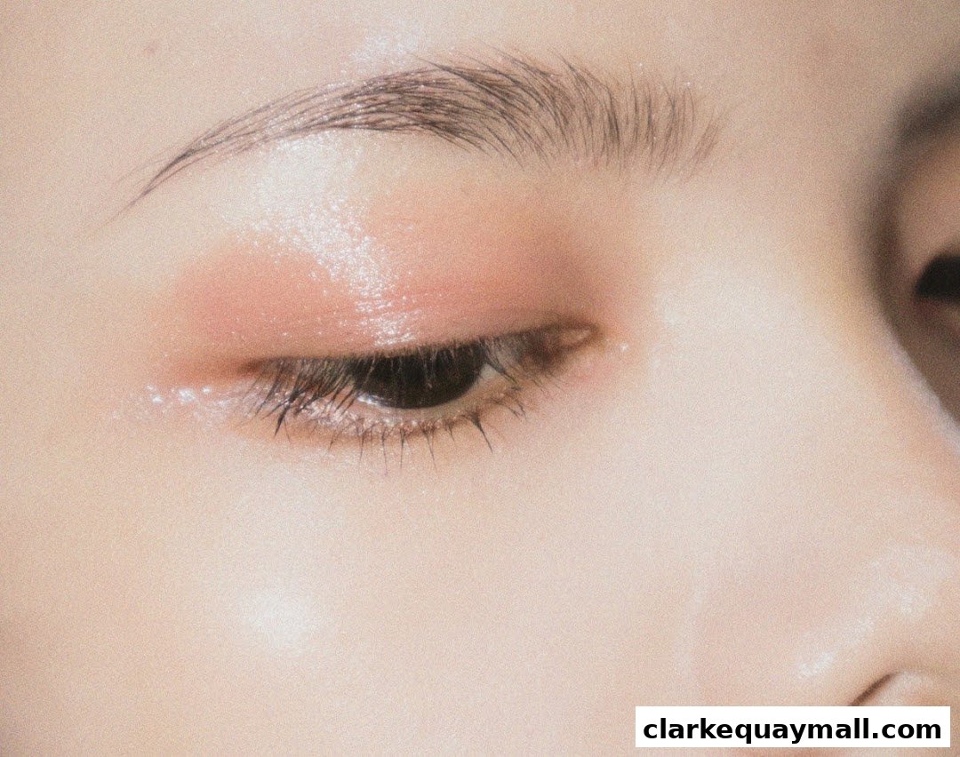 Close-up of a person's eye with soft pink eyeshadow and a dewy finish.