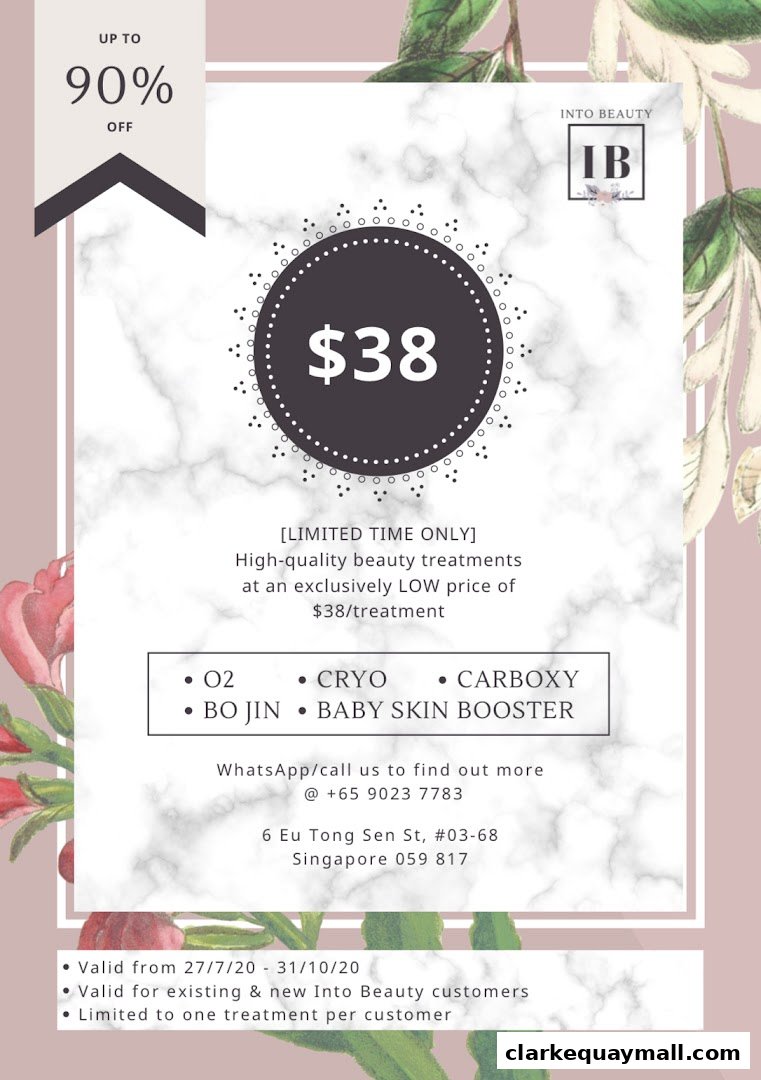 A promotional flyer for Into Beauty offering treatments at $38 with up to 90% off.